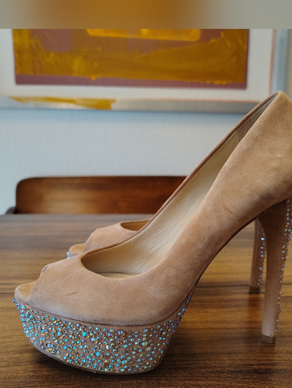 Brian Atwood Beige Suede Platform Stilettos Crystals  Heels Shoes Size 7 Pageant